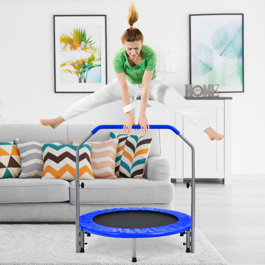 Trampolino fitness per adulti e bambini con maniglia regolabile, Mini trampolino pieghevole 101x101x122cm Blu-Trampolini