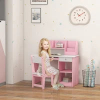 Scrivania per bambini con sedia ergonomica con piano scorrevole, cassetto, nicchie e mensole aperte 90 x 45 x 90 cm rosa