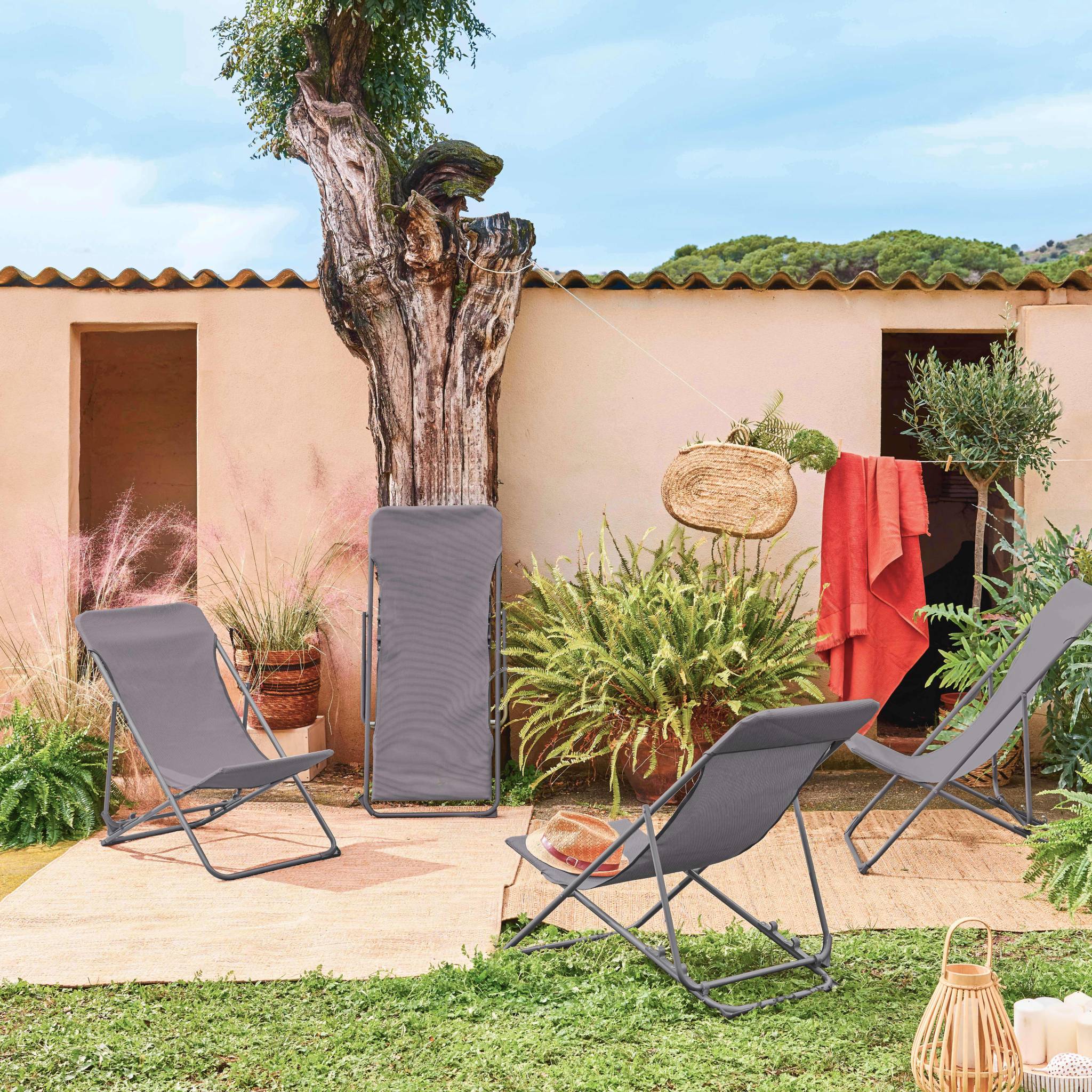 Set di 4 sedie a sdraio da giardino pieghevoli, antracite