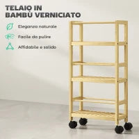 Scaffale Bagno a 3 Livelli con Ruote, Carrellino in Legno di Bambù, 36x15x73 cm, Colore Legno