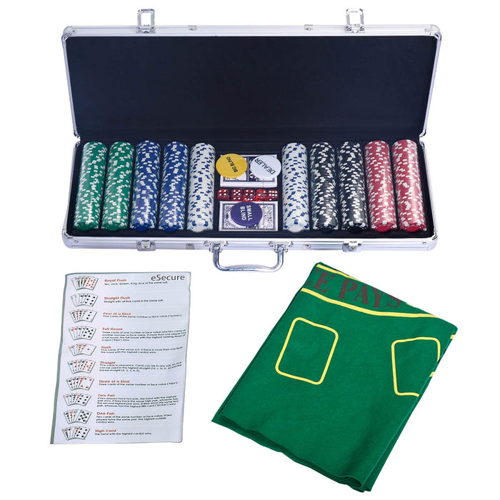 Set da poker con 500 chips, 2 mazzi di carte, 5 dadi, 3 pedine dealer, valigetta in alluminio-Fiche e set da poker