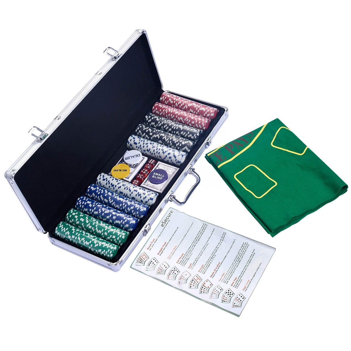 Set da poker con 500 chips, 2 mazzi di carte, 5 dadi, 3 pedine dealer, valigetta in alluminio-Fiche e set da poker
