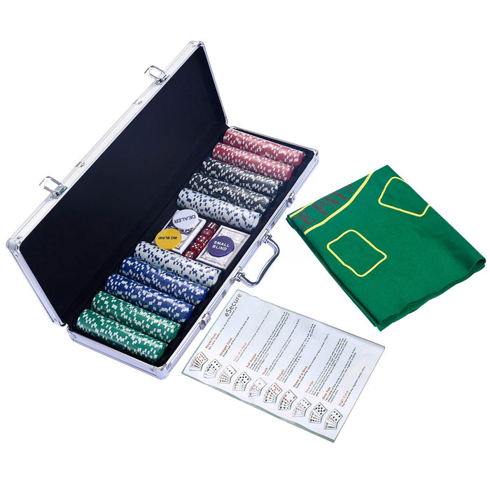 Set da poker con 500 chips, 2 mazzi di carte, 5 dadi, 3 pedine dealer, valigetta in alluminio-Fiche e set da poker