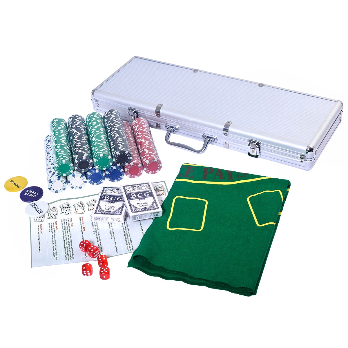 Set da poker con 500 chips, 2 mazzi di carte, 5 dadi, 3 pedine dealer, valigetta in alluminio-Fiche e set da poker