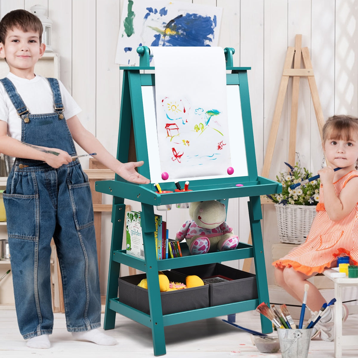 Cavalletto double face 3 in 1 per bambini, Treppiede con lavagna bianca e nera e rotolo di carta, Blu-Cavalletti e lavagne bambini