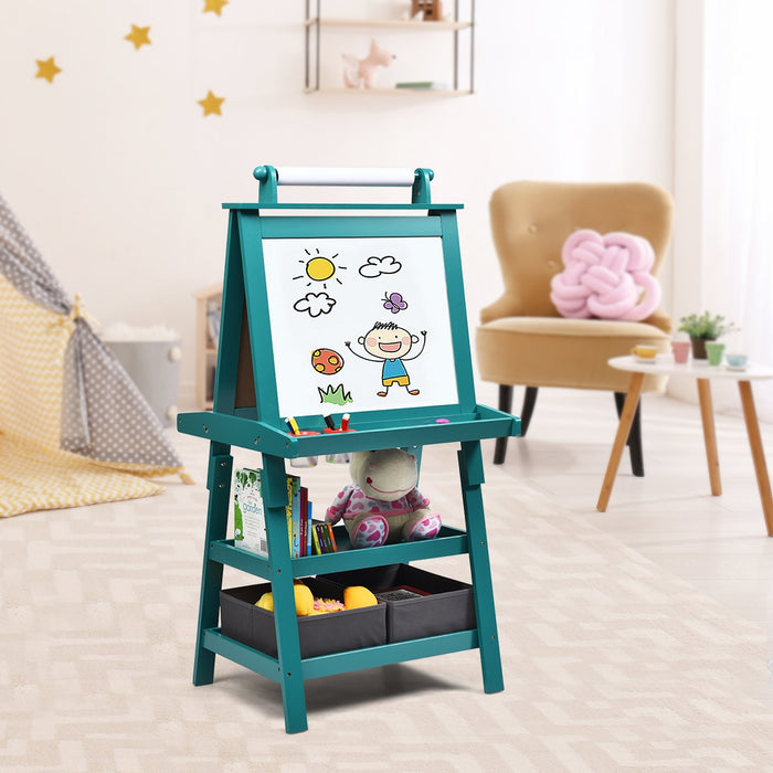 Cavalletto double face 3 in 1 per bambini, Treppiede con lavagna bianca e nera e rotolo di carta, Blu-Cavalletti e lavagne bambini