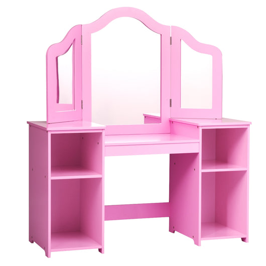 Toeletta design smontabile 2 in 1 per bambini-Toeletta make-up principessa con 4 mensole grandi e specchio Rosa