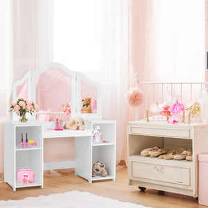 Toeletta design smontabile 2 in 1 per bambini-Toeletta make-up principessa con 4 mensole grandi e specchio-Bianco