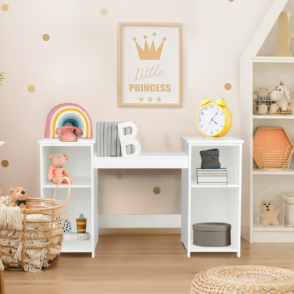 Toeletta design smontabile 2 in 1 per bambini-Toeletta make-up principessa con 4 mensole grandi e specchio-Bianco