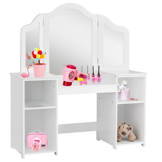 Toeletta design smontabile 2 in 1 per bambini-Toeletta make-up principessa con 4 mensole grandi e specchio-Bianco
