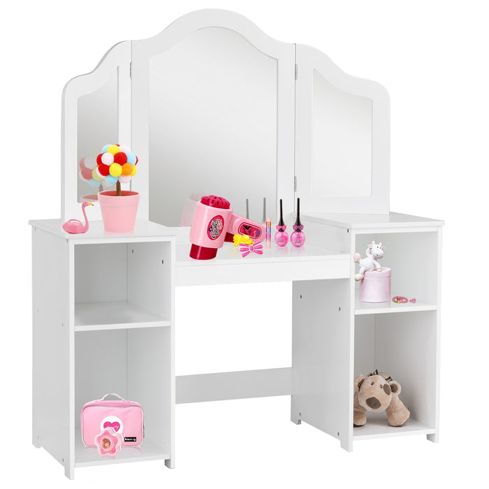 Toeletta design smontabile 2 in 1 per bambini-Toeletta make-up principessa con 4 mensole grandi e specchio-Bianco
