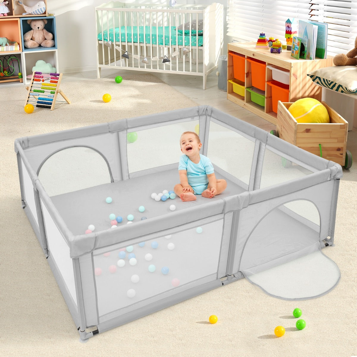 Box sicurezza interno grigio e tappetino gioco impermeabile, Box bambini sicurezza grigio e tappetino gattonare reversibile-Per i neonati