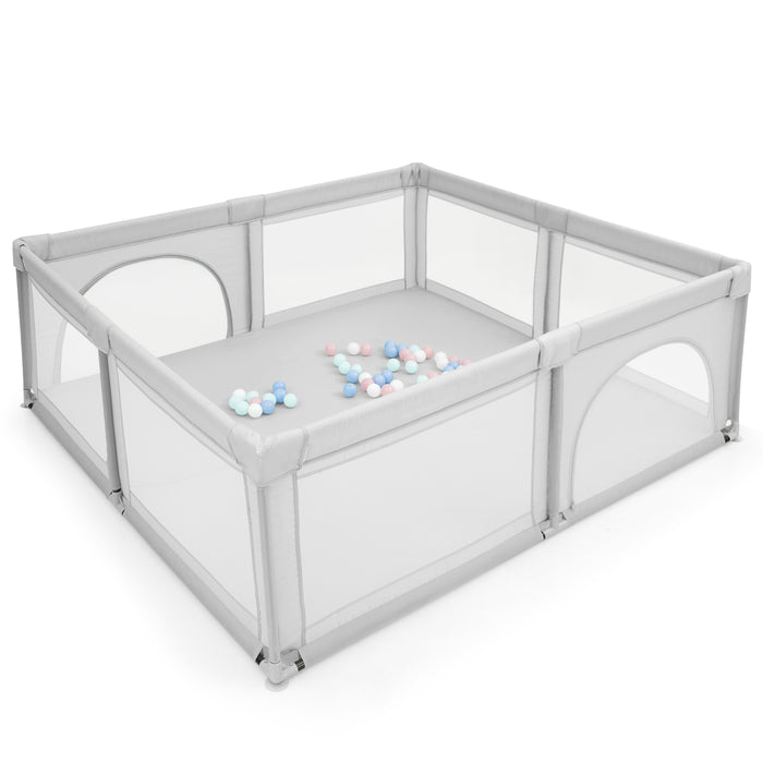 Box per bambini con cancelli di sicurezza per interno, Centro attivit¨¤ portatile 206x185,5x68cm Grigio-Cancelletti di sicurezza