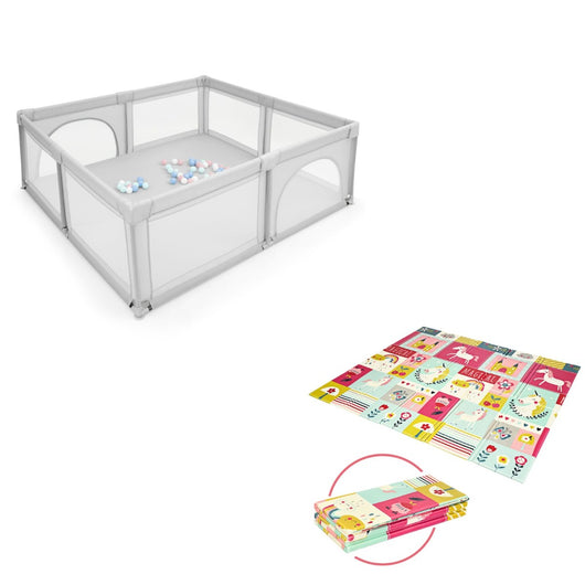 Box bambini cancelli grigio e tappetino gattonare reversibile, Box bambini interno e tappetino gioco bambini pieghevole-Per i neonati