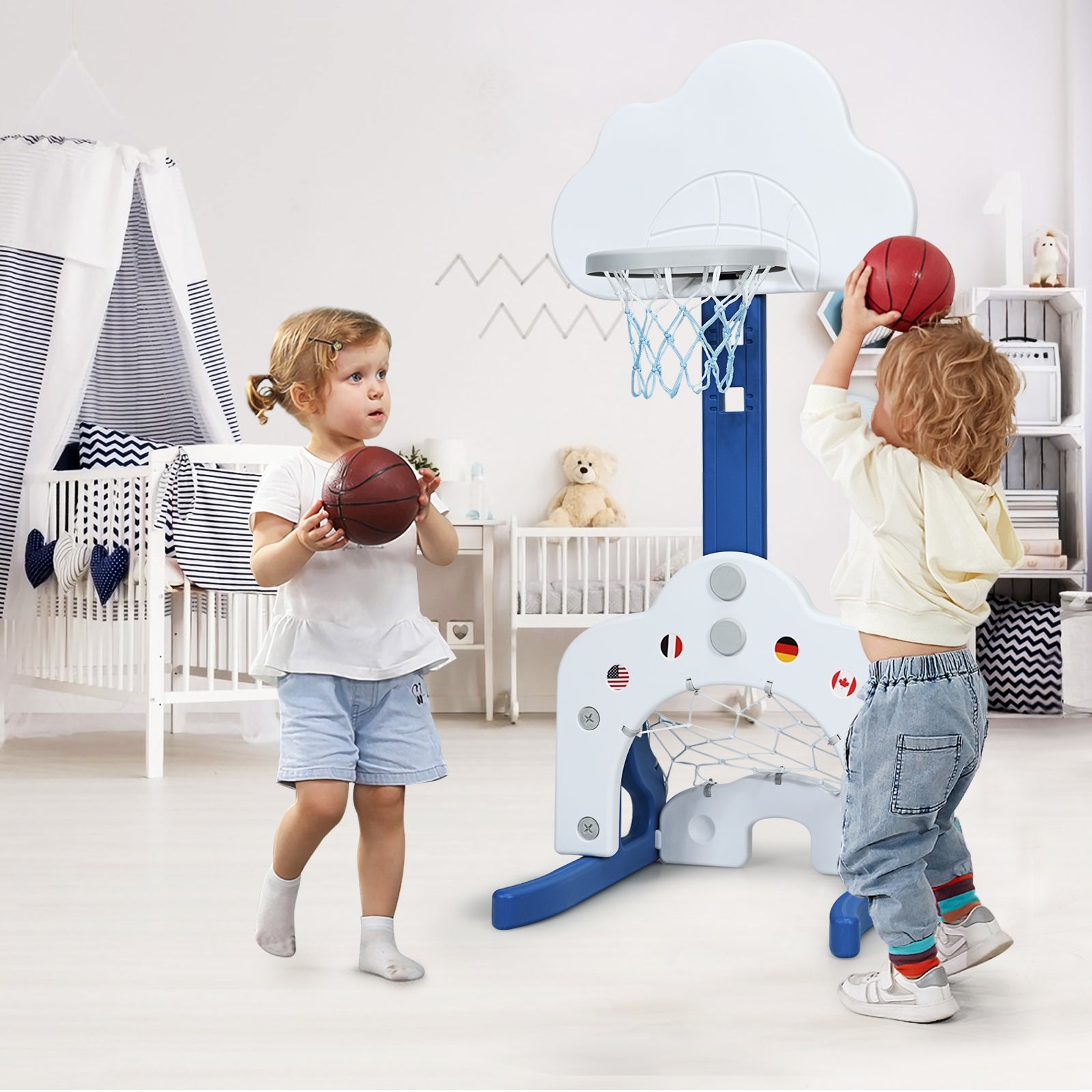 Canestro da basket 3 in 1 con 5 altezze regolabili, Canestro da basket e gioco del golf per bambini Bianco-Giocattoli sportivi