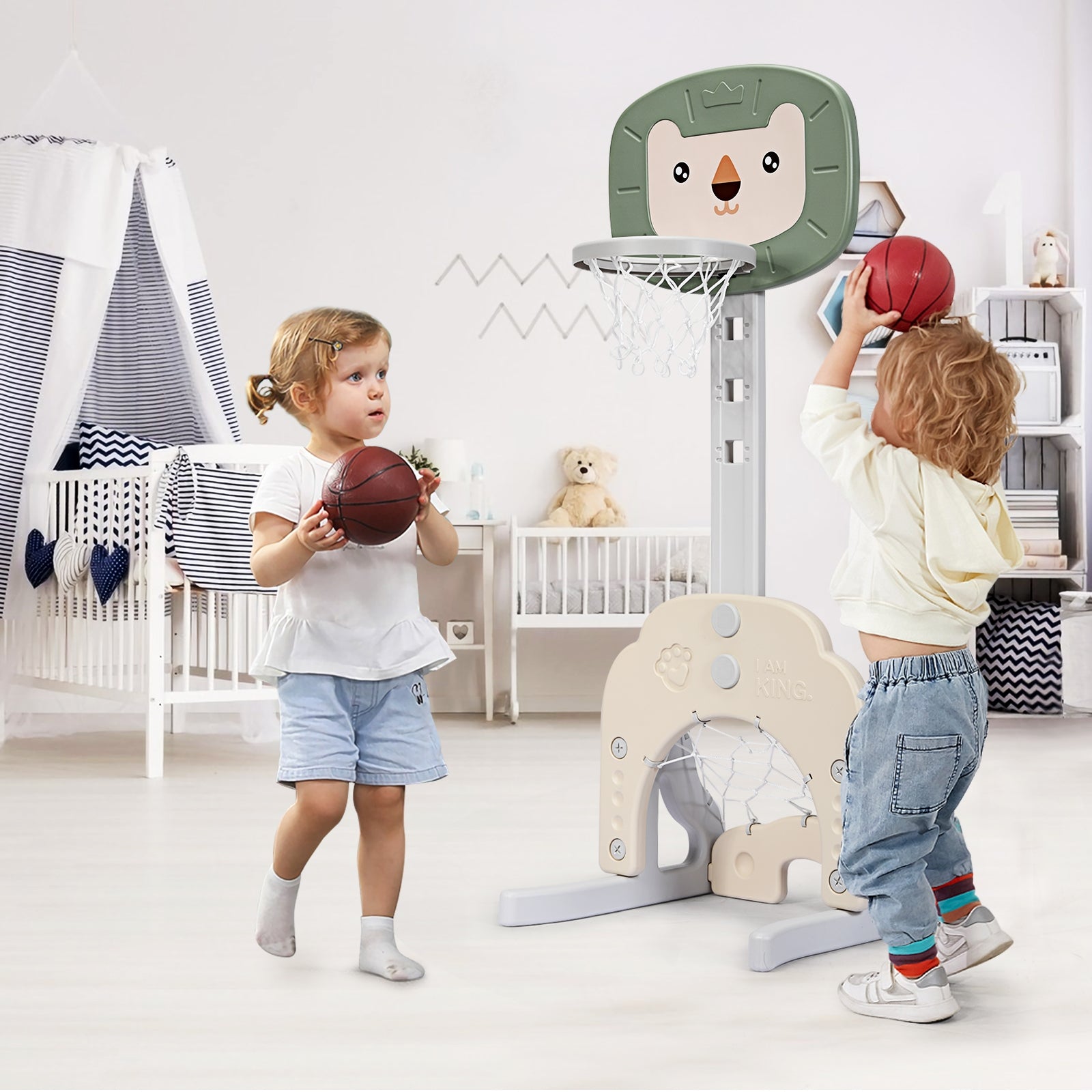 Canestro da basket 3 in 1 con 5 altezze regolabili, Canestro da basket e gioco del golf per bambini, Verde-Giocattoli sportivi