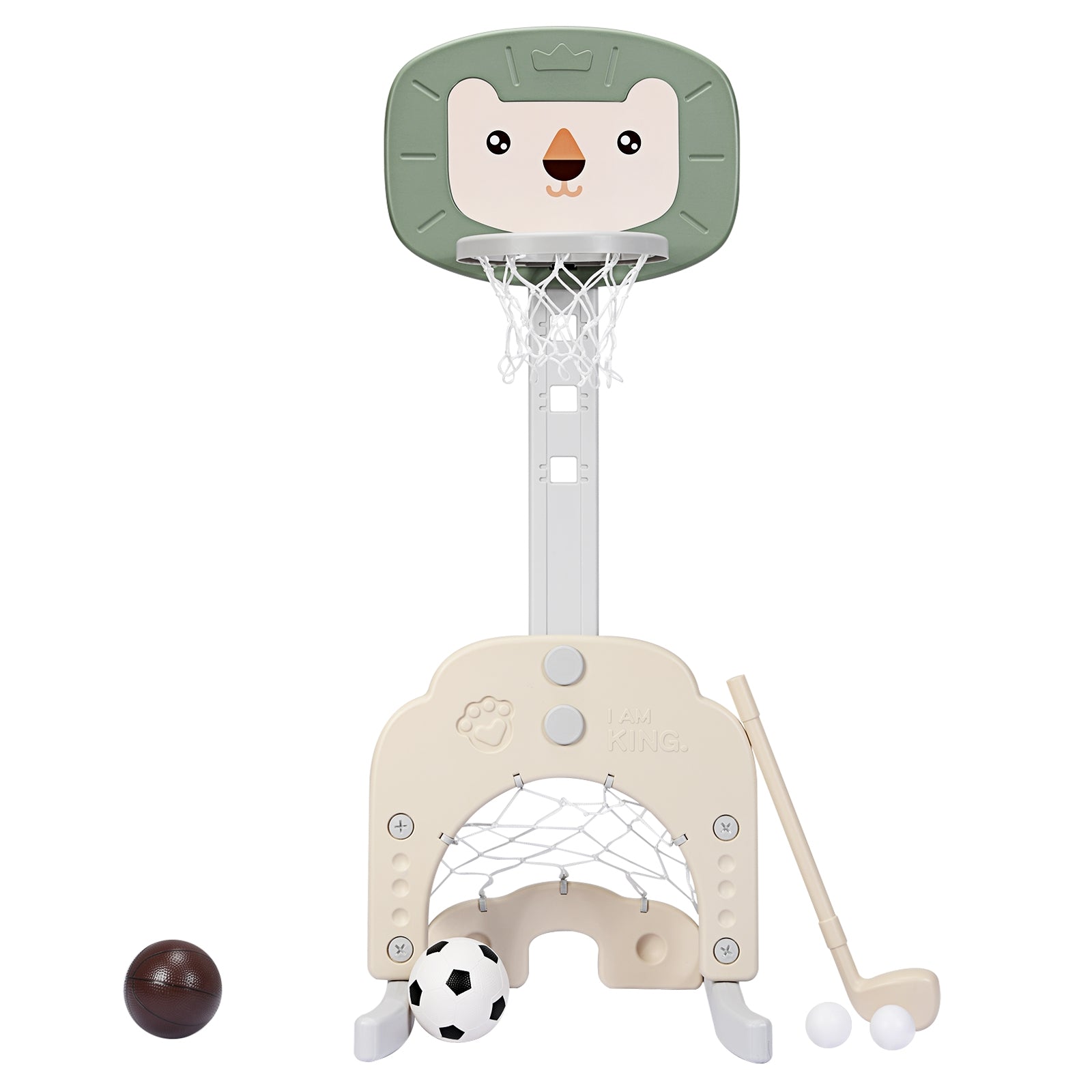 Canestro da basket 3 in 1 con 5 altezze regolabili, Canestro da basket e gioco del golf per bambini, Verde-Giocattoli sportivi