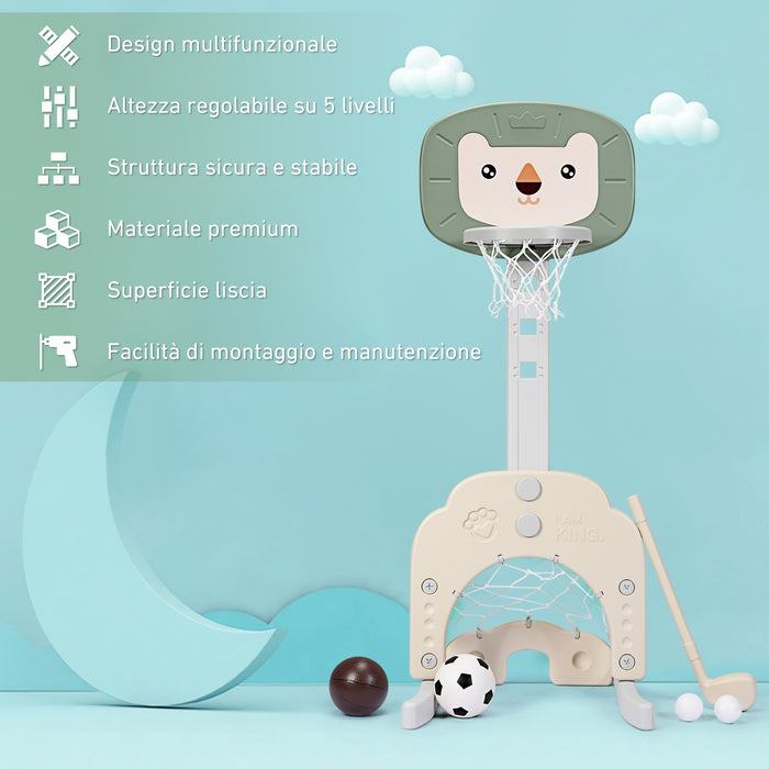 Canestro da basket 3 in 1 con 5 altezze regolabili, Canestro da basket e gioco del golf per bambini, Verde-Giocattoli sportivi