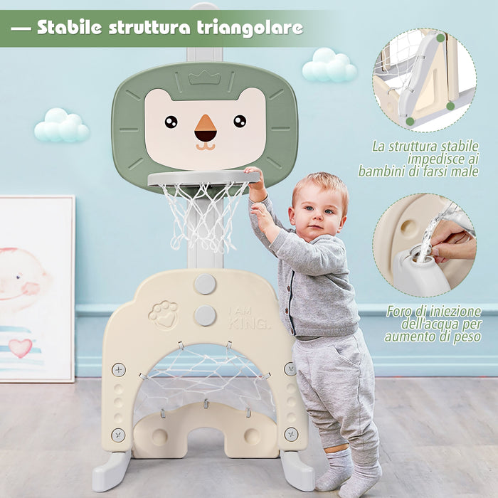 Canestro da basket 3 in 1 con 5 altezze regolabili, Canestro da basket e gioco del golf per bambini, Verde-Giocattoli sportivi