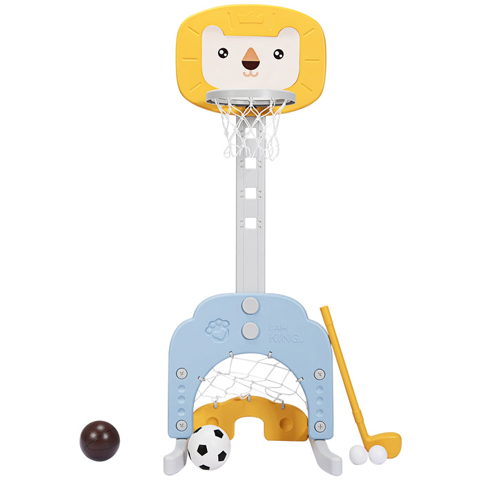 Canestro da basket 3 in 1 con 5 altezze regolabili, Canestro da basket e gioco del golf per bambini Giallo-Giocattoli sportivi