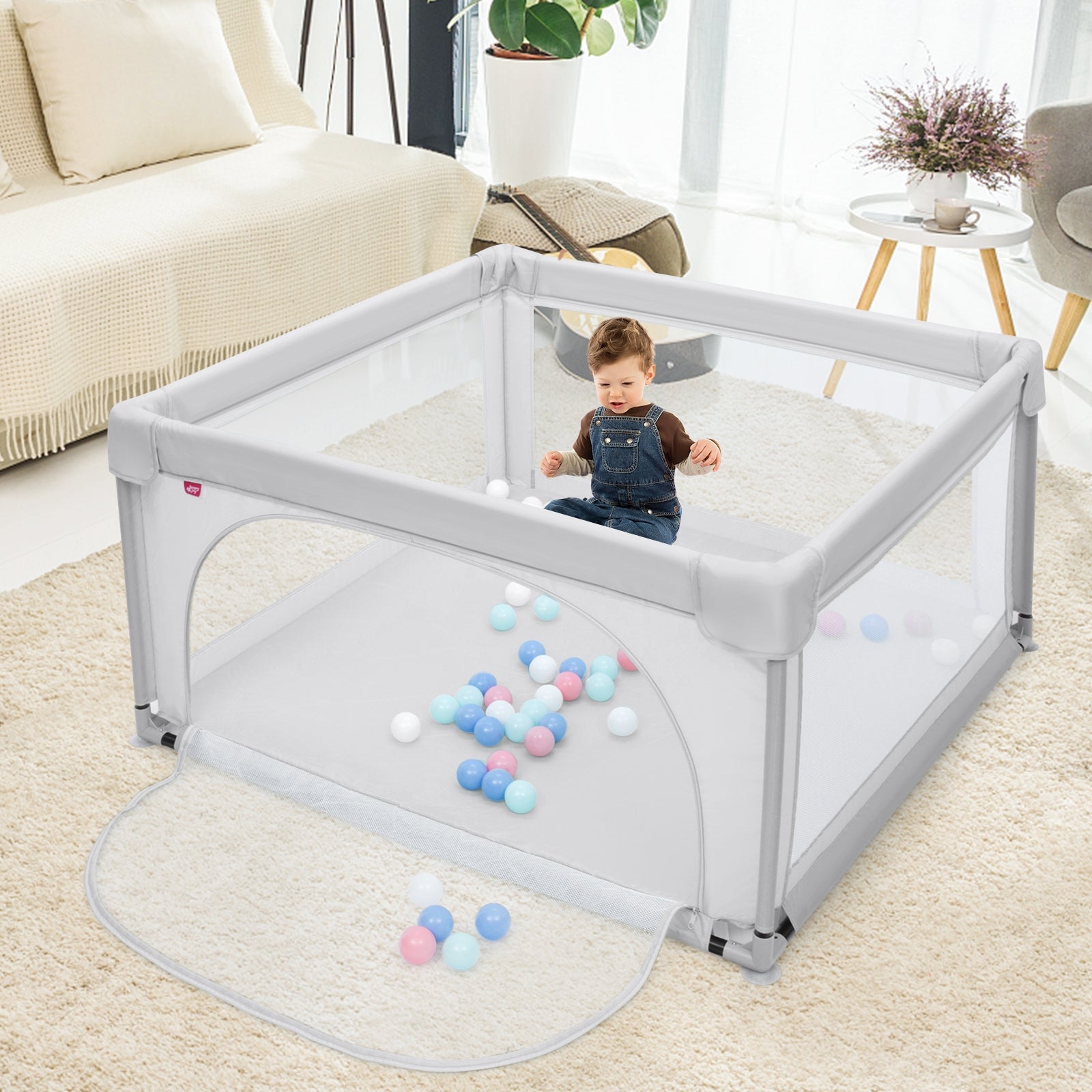 Box per bambini con pareti a rete traspirante, Centro attivit¨¤ con cancelli di sicurezza 126x126x68cm Grigio-Cancelletti di sicurezza