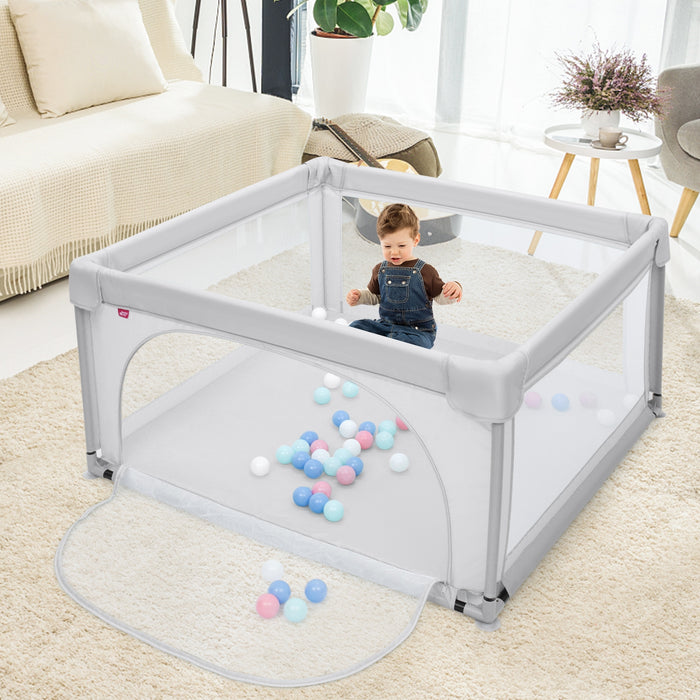 Box per bambini con pareti a rete traspirante, Centro attivit¨¤ con cancelli di sicurezza 126x126x68cm Grigio-Cancelletti di sicurezza
