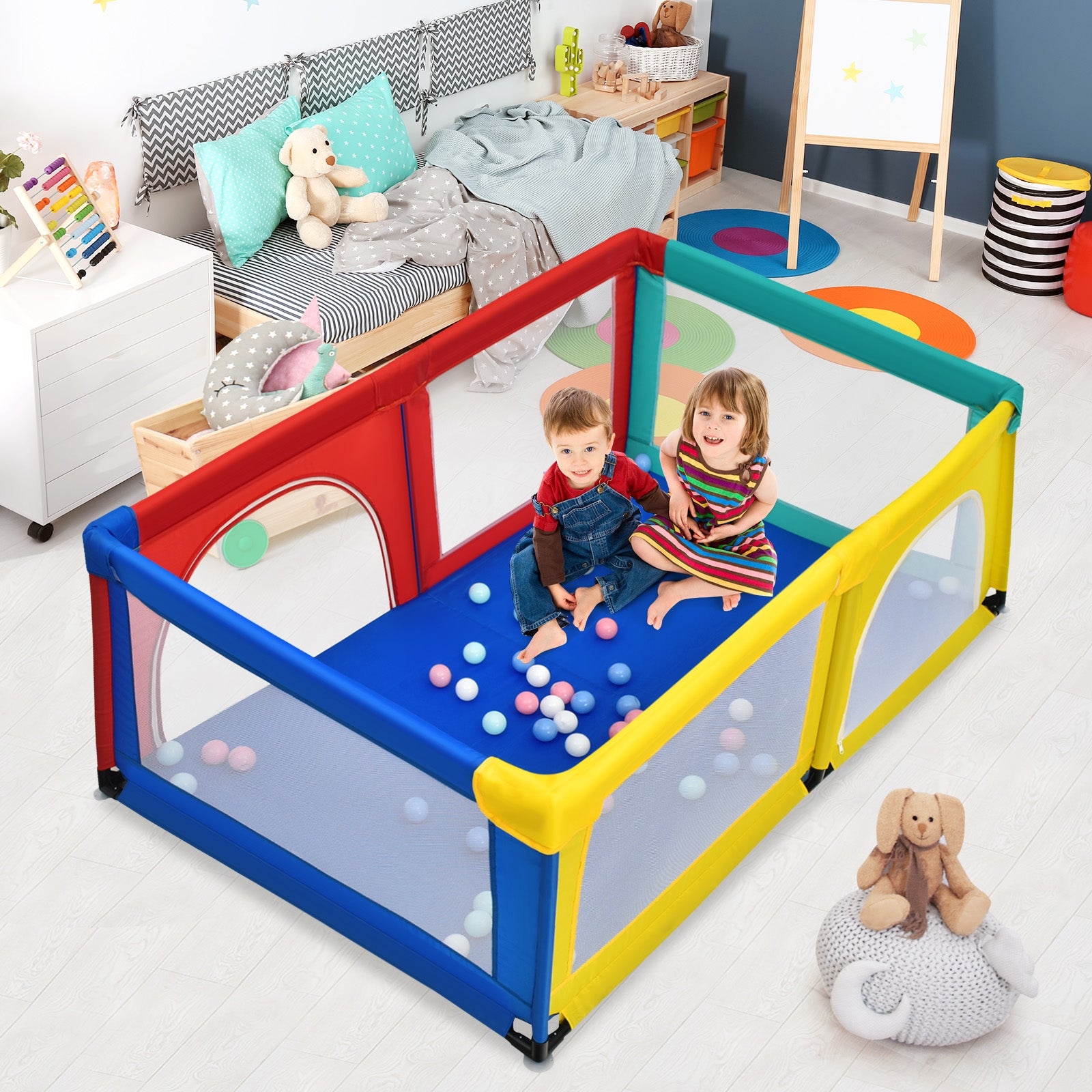 Box per bambini con cancello extra large e rete traspirante, Centro attivit¨¤ portatile per interno Colorato-Cancelletti di sicurezza