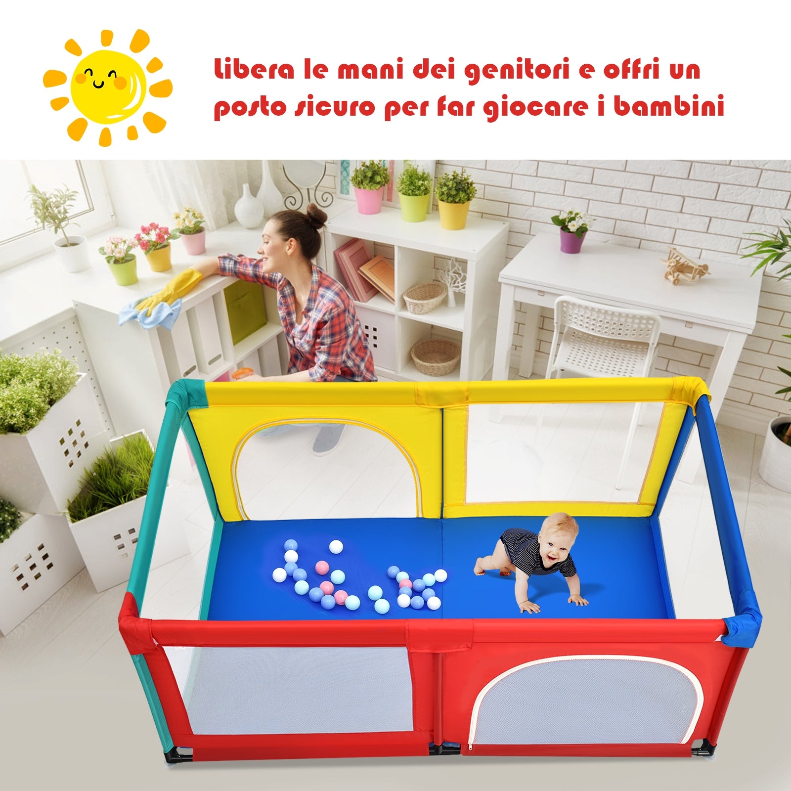 Box per bambini con cancello extra large e rete traspirante, Centro attivit¨¤ portatile per interno Colorato-Cancelletti di sicurezza