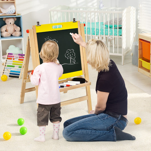 Cavalletto 3 in 1 pieghevole per bambini con altezza regolabile e vassoio, Cavalletto artistico di legno Giallo-Cavalletti e lavagne bambini