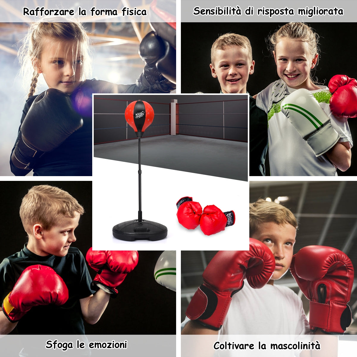 Set di boxe sacco giocattoli per bambini regolabile 81-123cm con guantoni da boxe, Boxe completo da terra Nero e rosso-Boxe