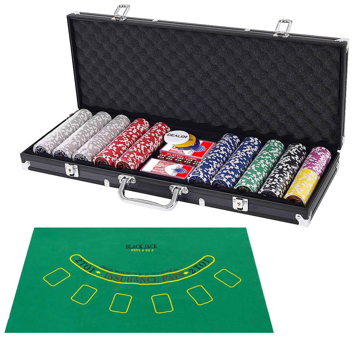 Set con 500 fiches di poker per Texas Holdem Blackjack e gioco d¡¯azzardo, Set con custodia in alluminio Nero-Fiche e set da poker
