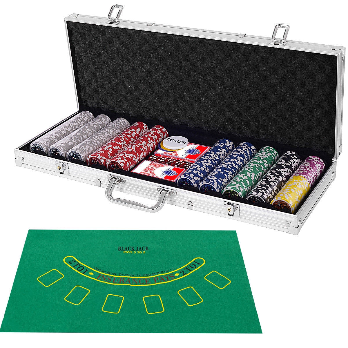 Set con 500 fiches di poker per Texas Holdem Blackjack e gioco d¡¯azzardo, Set con custodia in alluminio Argento-Fiche e set da poker