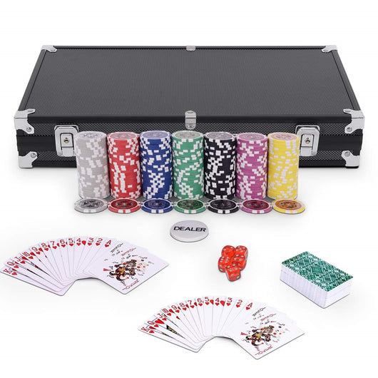Set poker chips casino con dadi da gioco 300 pz e custodia in alluminio, Set fiches dadi e carte da poker Nero-Fiche e set da poker