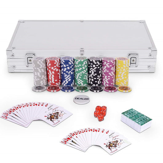 Set poker chips casino con dadi da gioco 300 pz e custodia in alluminio, Set fiches dadi e carte da poker Argento-Fiche e set da poker
