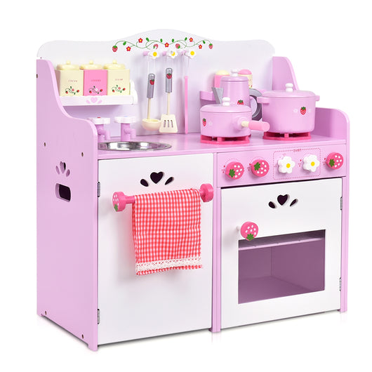 Giocattolo da cucina per bambini in legno a tema fragole con accessori 13 pezzi 60x30x62cm Rosa-Cucine giocattoli
