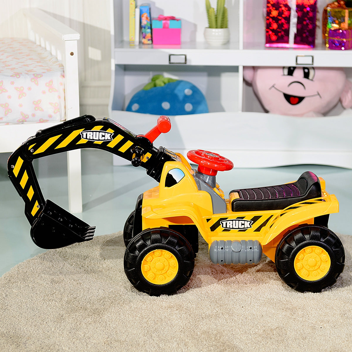 Ruspa elettrica multifunzione per bambini, Escavatore giocattolo cavalcabile con suono 89x45x30cm-Macchinine giocattoli