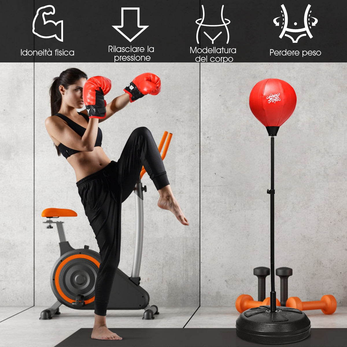 Palla da boxe con base altezza regolabile, Sacco da boxe con pompa manuale e guanti da boxe-Boxe