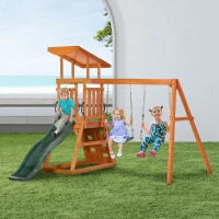 Set con Scivolo, 2 Altalene da Giardino e Parete da Arrampicata in Legno per Bambini Età 3-8 Anni