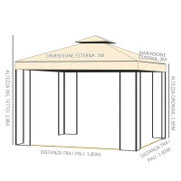 Gazebo da Giardino 3x3m con Zanzariera, Telaio in Acciaio e Doppio Tettuccio, Beige