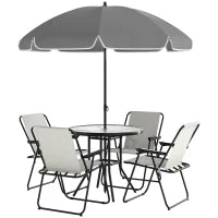 Set da Giardino 6 Pezzi in Acciaio con 4 Sedie Pieghevoli, Ombrellone e Tavolo Rotondo, Crema, Grigio e Nero