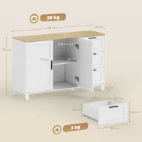 Mobile Cucina con 3 Cassetti e Armadietto 2 Ante Ammortizzate, Ripiani Regolabili, 120x38x76 cm, Bianco