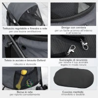 Passeggino per Cani Pieghevole con Tettuccio Regolabile, Borsa e 2 Guinzagli, 82x47x97 cm, Grigio e Nero