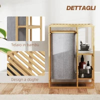 Cesto Portabiancheria con Borsa Estraibile e Ripiani a Doghe in Bambù, 50x32x70 cm, Grigio