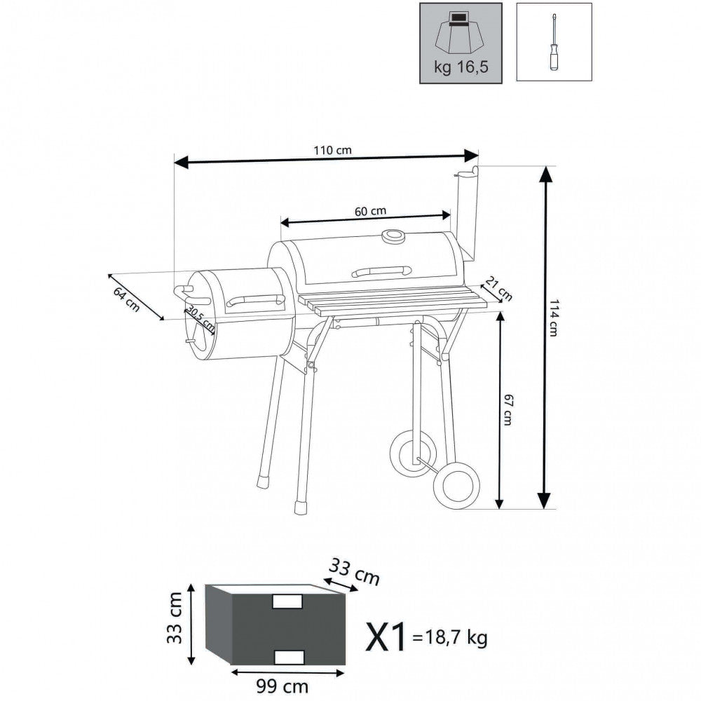Barbecue A Carbonella Con Affumicatore Acciaio Verniciato Nero 110X64X113,5 H Cm