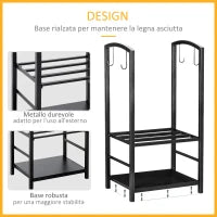 Portalegna da Interno ed Esterno in Metallo a 2 Ripiani, Porta Legna per Interni, Paletta, Scopa, Attizzatoio e Pinza, 40x30x74.5 cm, Nero