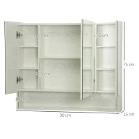 kleankin Armadietto con Specchio a 4 Sezioni con Ripiani Regolabili, Specchiera Bagno in Legno e Vetro, 90x15x75 cm, Bianco