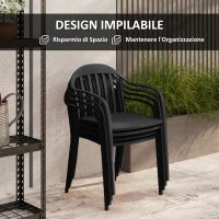 Set 4 Sedie da Giardino Impilabili in PP con Schienale Alto e Braccioli, 57x54x78 cm, Nero