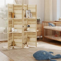 Paravento interno in legno a 4 pannelli, pieghevole con 3 ripiani, 160 x 170 cm, Legno naturale