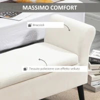 Panca Contenitore con Braccioli, in Tessuto Effetto Velluto e Legno, 111.5x41x65 cm, Bianco Crema
