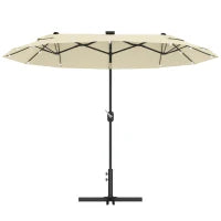 Ombrellone Doppio con Luci LED e Base a Croce, in Poliestere e Acciaio, 295x150x219 cm, Bianco Crema